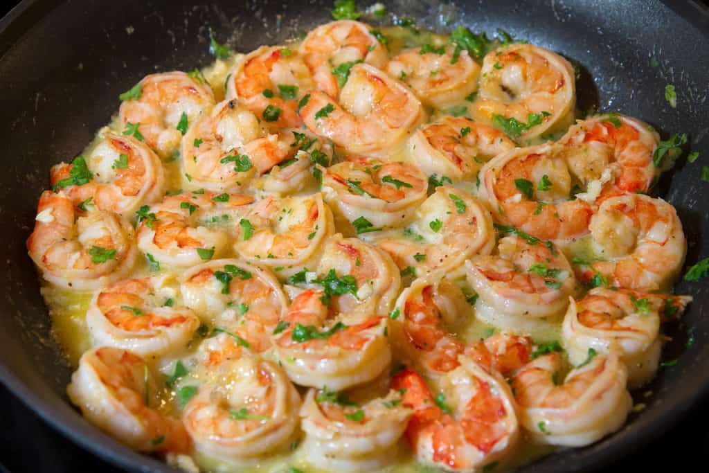 Sauté pan filled with Shrimp Scampi