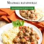 White plate with Slow Cooker Mediterranean Meatball Ratatouille