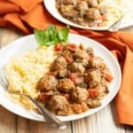 Plate of Mediterranean Meatball Ratatouille and orzo