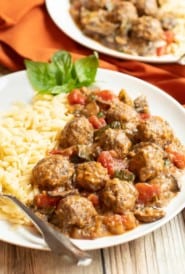 Plate of Mediterranean Meatball Ratatouille and orzo