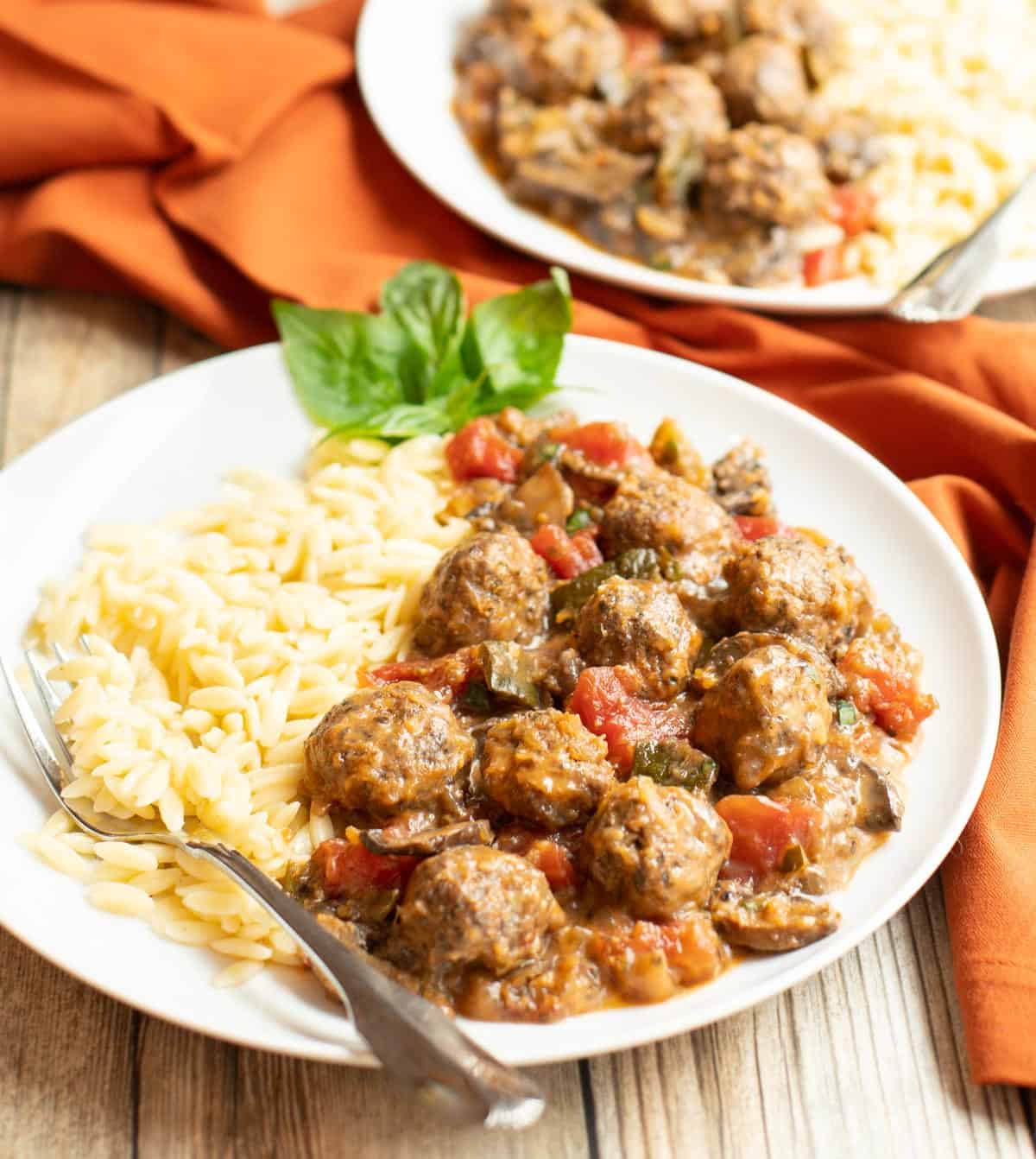 Plate of Mediterraean Meatball Ratatouille with orzo