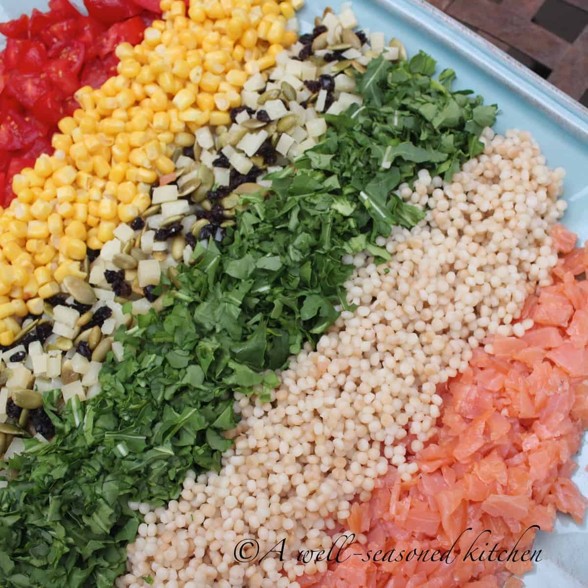 Smoked Salmon chopped salad with ingredients all in rows, like a cobb salad.