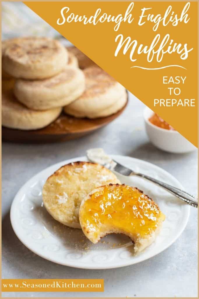 plate holding two English muffin halves, one spread with apricot jam. Photo formatted for sharing on social media