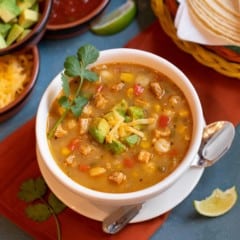 white bowl filled with Southwestern Chicken Soup with Avocado-Cheese Garnish