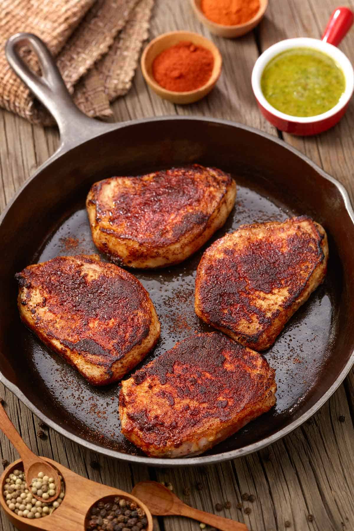 cast iron skillet with Spicy Pork Chops with Chimichurri Sauce on the side
