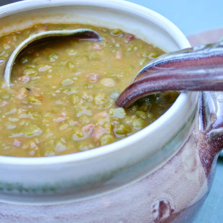 Ceramic tureen filled with Split Pea Soup with Country Ham