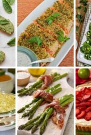 collage of 6 dishes in this spring dinner party menu, featuring fresh seasonal ingredients and make ahead options.