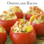 Green platter filled with Tomatoes Stuffed with Artichoke Hearts, Onions and Bacon