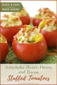 green platter filled with Tomatoes Stuffed with Artichoke Hearts, Onions and Bacon