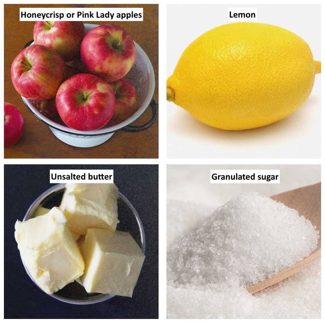 collage showing 4 ingredients in tarte tatin filling