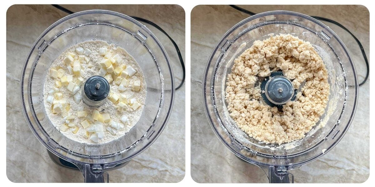 two photo collage showing adding fats to flour mixture in food processor, then what it looks like blended