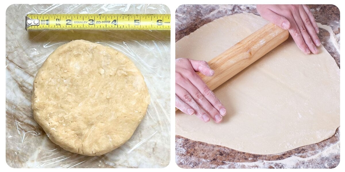 two photos, one showing crust dough flattened into a disc, the other the same disc rolled flat