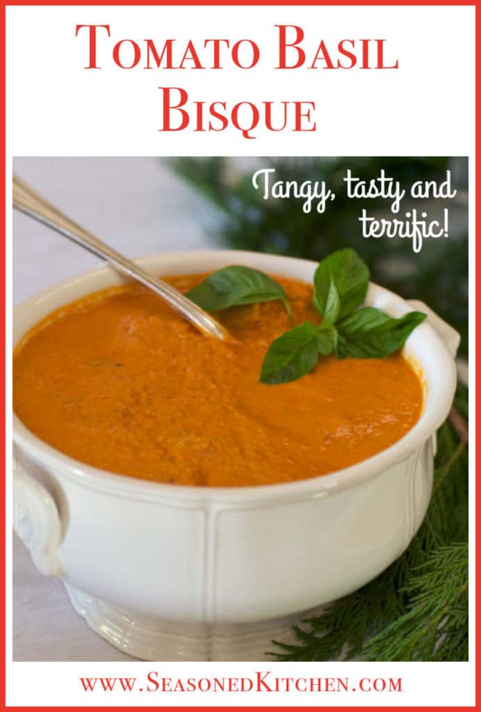 tomato bisque soup in a white turreen. formatted for sharing