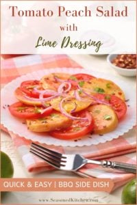 round white plate filled with Tomato Peach Salad with Lime Dressing