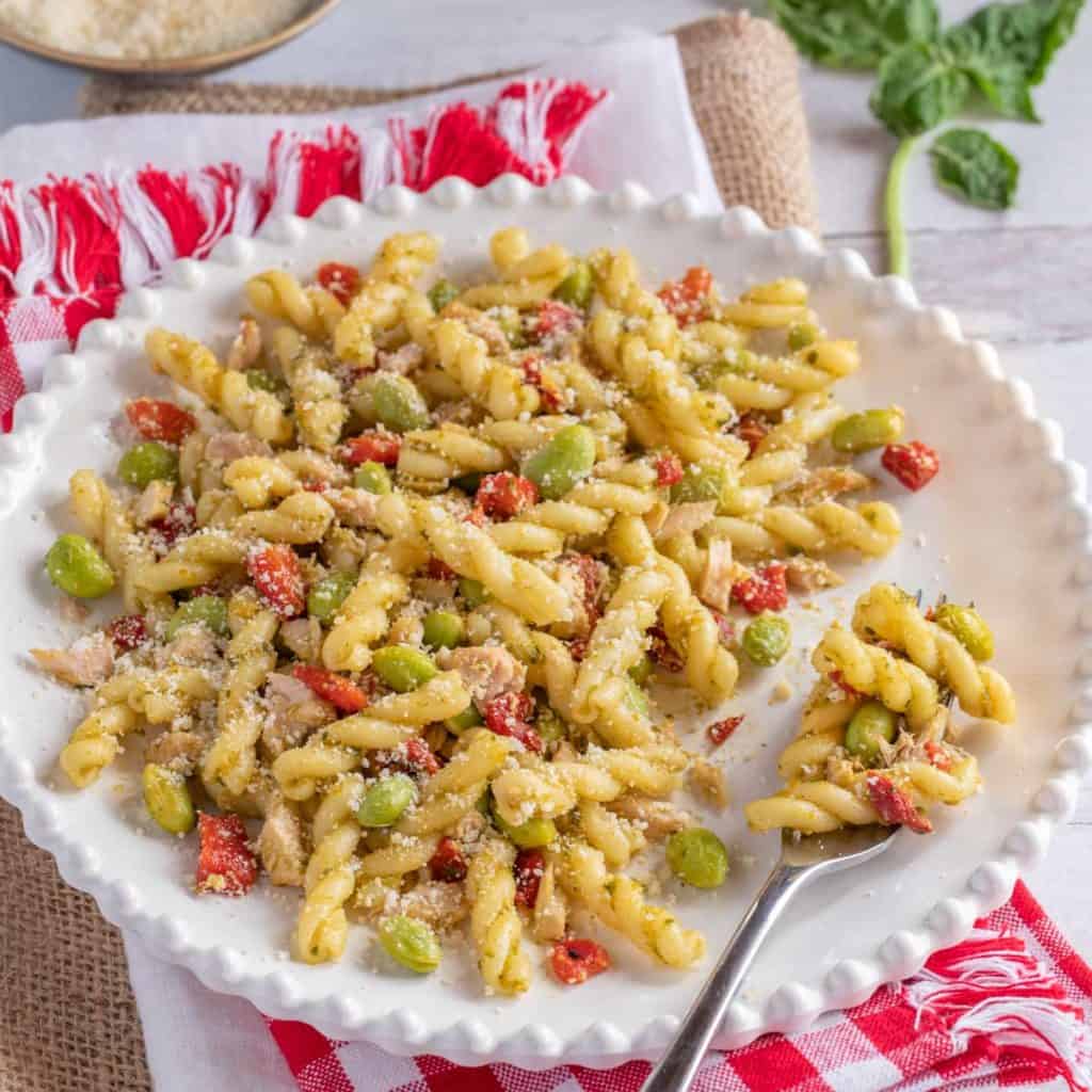 whilte plate showing a portion of Tuna and Roasted Red Pepper Pasta Salad